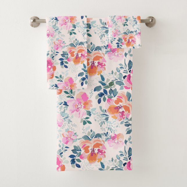 rosa und Aquamarines Blumenmuster Badhandtuch Set (Insitu)