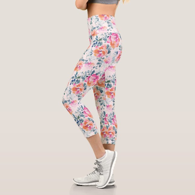rosa und Aquamarines Blumenmuster Capri Leggings (Links)