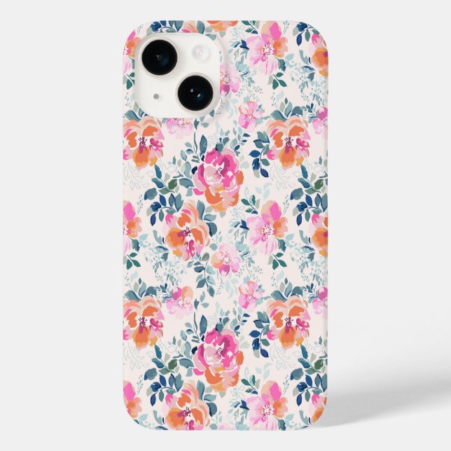 rosa und Aquamarines Blumenmuster Case-Mate iPhone 14 Hülle (Rückseite)