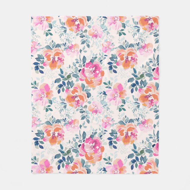 rosa und Aquamarines Blumenmuster Fleecedecke (Vorderseite)