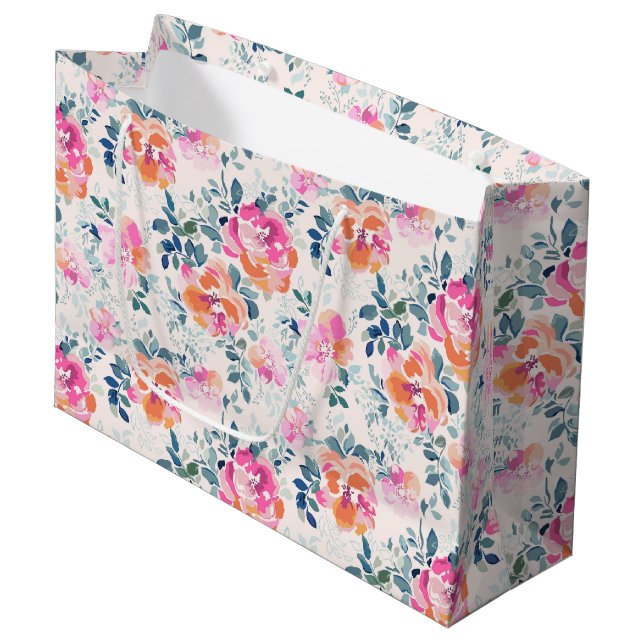 rosa und Aquamarines Blumenmuster Große Geschenktüte (Vorderseite Schrägansicht)
