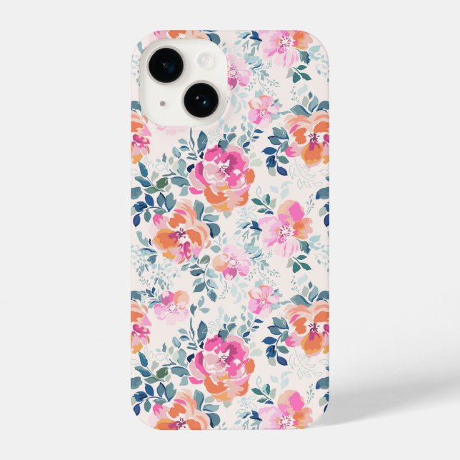 rosa und Aquamarines Blumenmuster iPhone 14 Hülle (Rückseite)