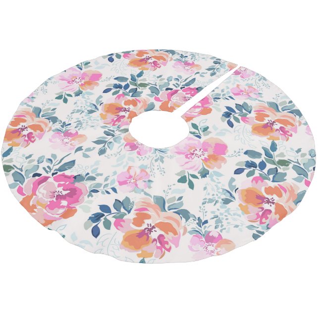 rosa und Aquamarines Blumenmuster Polyester Weihnachtsbaumdecke (Schrägansicht)