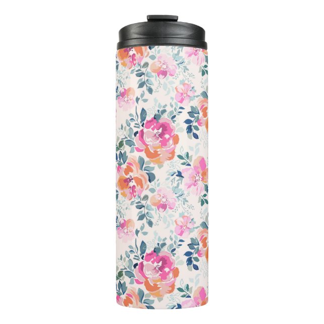 rosa und Aquamarines Blumenmuster Thermosbecher (Vorderseite)