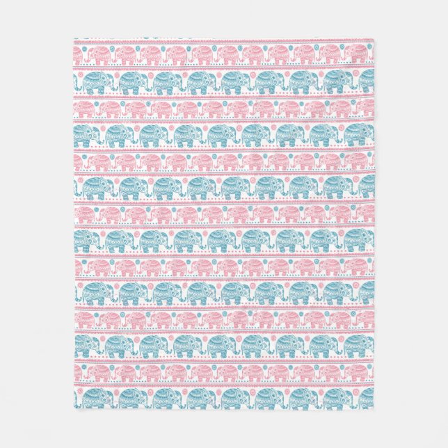 Rosa und aquamarines ethnisches Elefant-Muster Fleecedecke (Vorderseite)