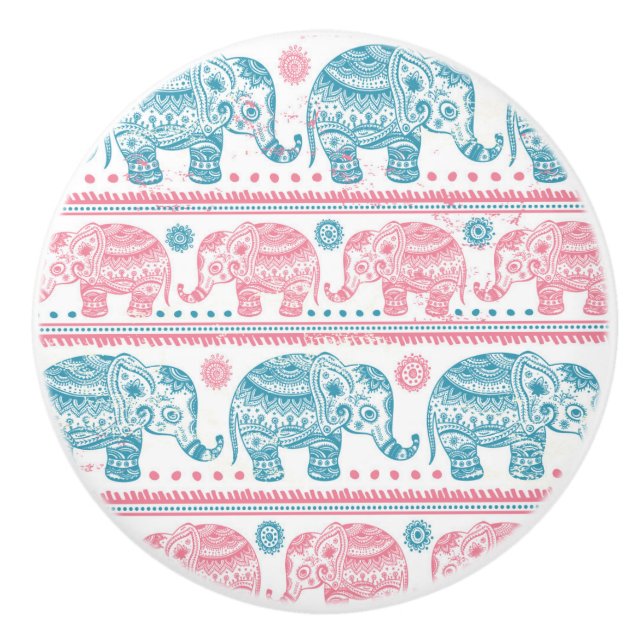 Rosa und aquamarines ethnisches Elefant-Muster Keramikknauf (Vorderseite)