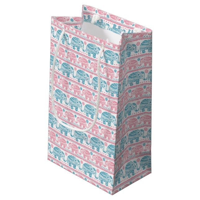 Rosa und aquamarines ethnisches Elefant-Muster Kleine Geschenktüte (Rückseite Schrägansicht)