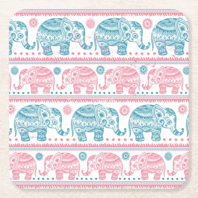 Rosa und aquamarines ethnisches Elefant-Muster Rechteckiger Pappuntersetzer (Vorderseite)