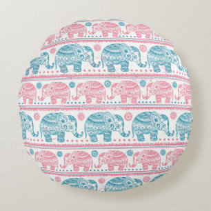 Rosa und aquamarines ethnisches Elefant-Muster Rundes Kissen