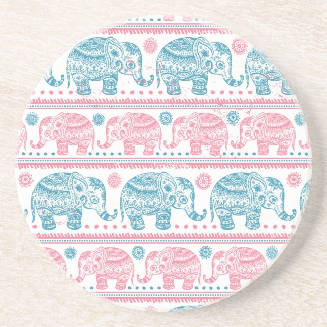 Rosa und aquamarines ethnisches Elefant-Muster Sandstein Untersetzer (Vorne)