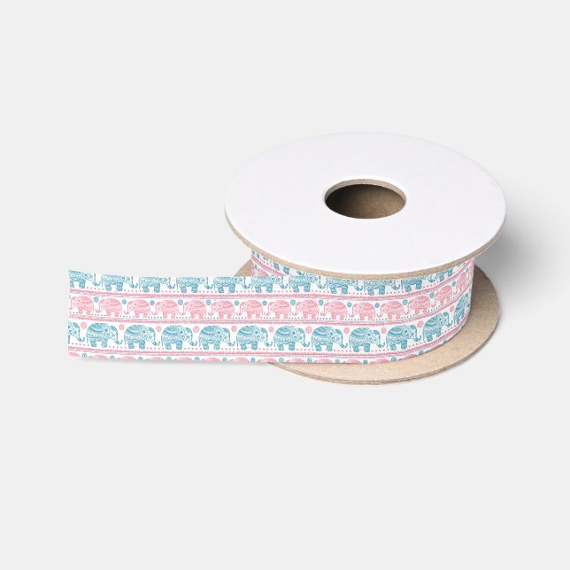 Rosa und aquamarines ethnisches Elefant-Muster Satinband (Spule)