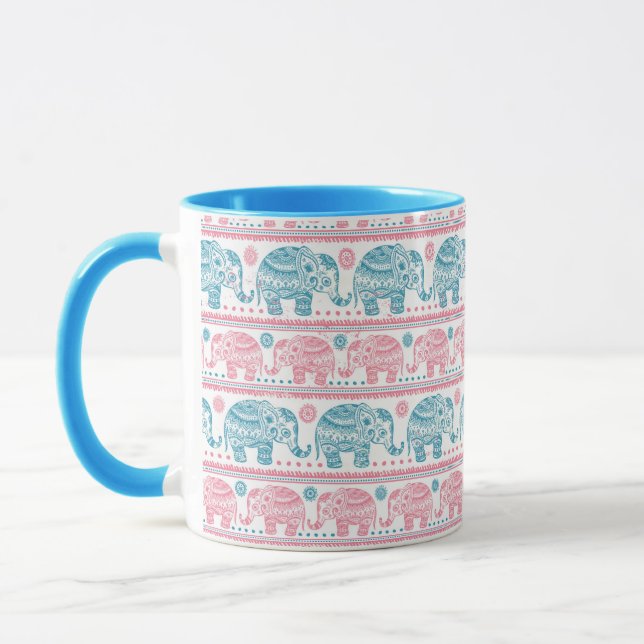 Rosa und aquamarines ethnisches Elefant-Muster Tasse (Links)