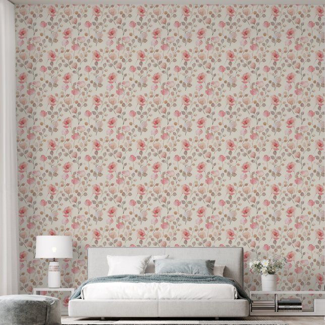 Rosa und Beige Aquarellfarben Blütenmuster Nahtlos Tapete (Schlafzimmer)
