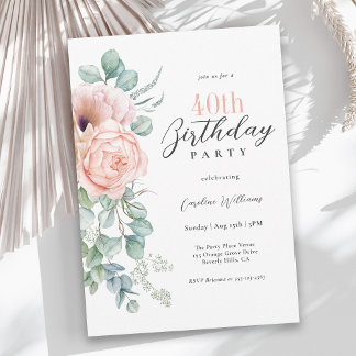 Rosa und Beige Aquarellfarben Floral 40. Geburtsta Einladung