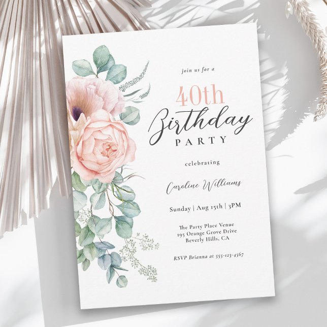 Rosa und Beige Aquarellfarben Floral 40. Geburtsta Einladung (Available as printed and paperless digital download!)