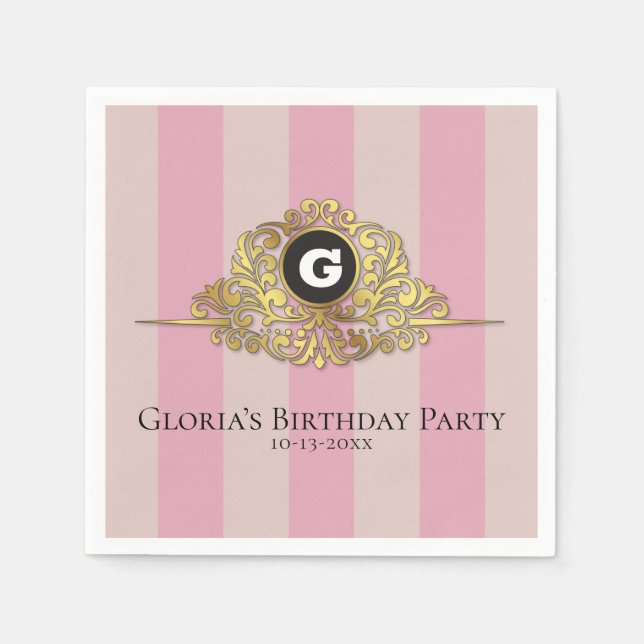 Rosa und Beige Gold Monogram Elegant Napkin Serviette (Vorderseite)