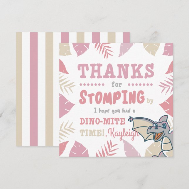Rosa und Beige Niedliche Dinosaurier Einladung (Vorne/Hinten)