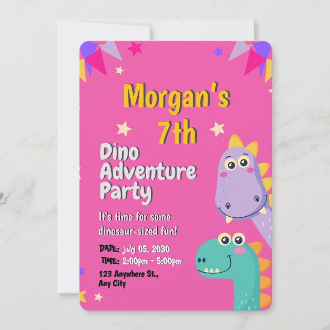 Rosa und Beige Niedliche Dinosaurier Kinder Birthd Einladung (Vorderseite)