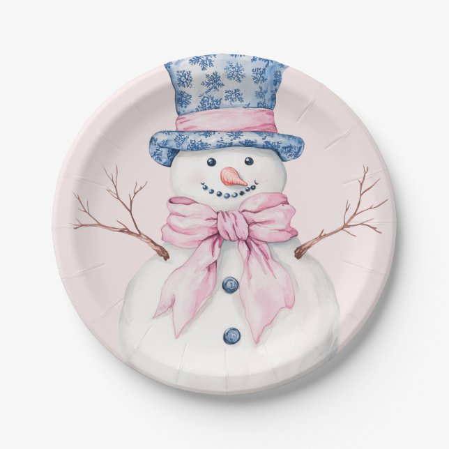 Rosa und Blau Damaskus Snowman Pappteller (Vorderseite)