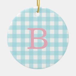 Rosa und Blau Gingham Monogram Keramik Ornament