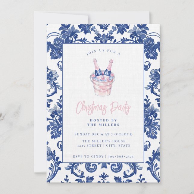 Rosa und blau Grandmillennial Damask Champagne Einladung (Vorderseite)