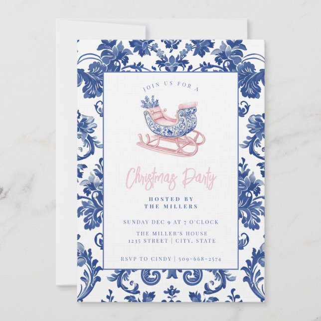 Rosa und blau Grandmillennial Damask Sleigh Einladung (Vorderseite)