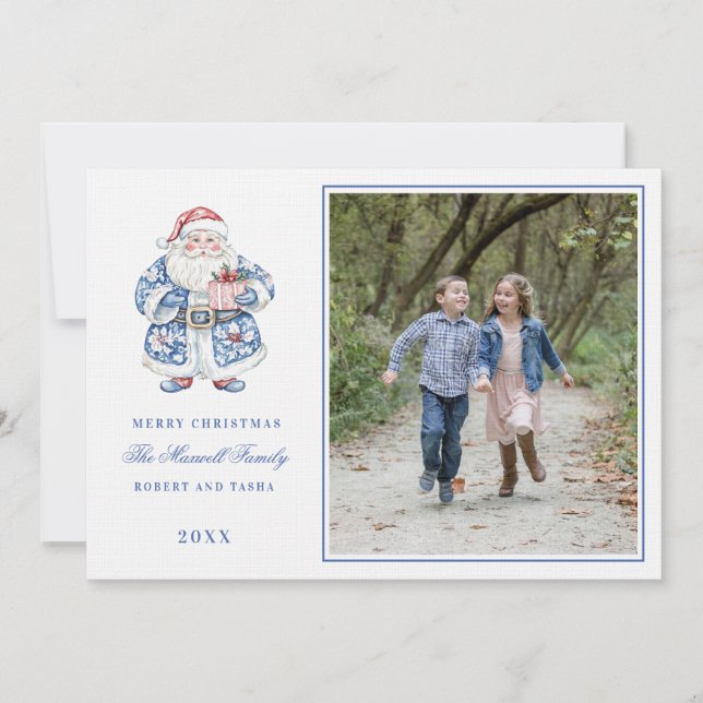 Rosa und blau Grandmillennial Santa Foto Einladung (Vorderseite)