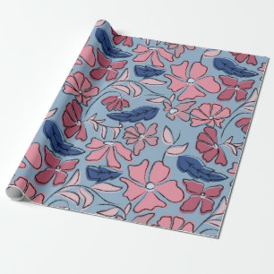 Rosa und Blau Handgezeichneter Floraler Blockdruck Geschenkpapier