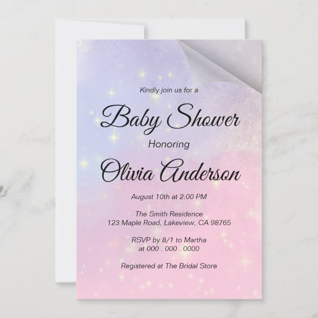 Rosa und blau Hintergrund mit Stars-Babydusche Einladung (Vorderseite)