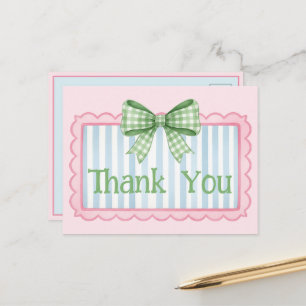 Rosa und Blau Rahmen Grün Gingham-Schleife Danke Postkarte