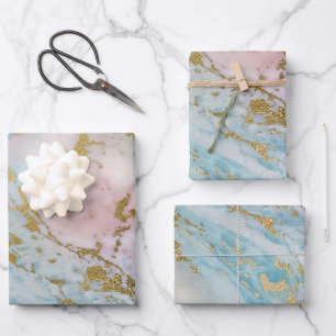 Rosa und Blau und Gold Marmor-Look Geschenkpapier Set