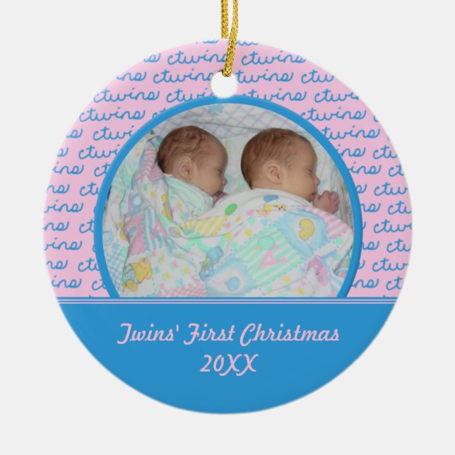 Rosa und Blau-Zwillings-erste Weihnachtsverzierung Keramikornament (Vorne)