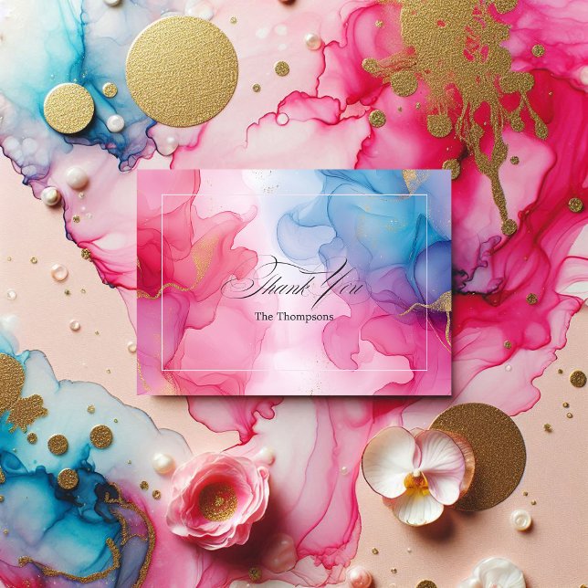 Rosa und blaue Alkoholtinte mit Goldakzenten Dankeskarte (Pink and Blue Alcohol Ink with Gold Accents Thank You Card)
