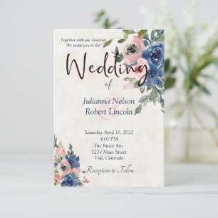 Rosa und blaue Aquarell-Blumen-Hochzeitseinladung Einladung