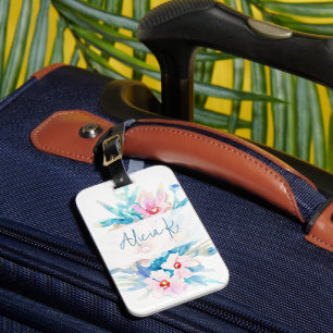 Rosa und blaue Aquarell-Blumen personalisiert Gepäckanhänger