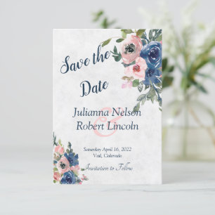 Rosa und blaue Aquarell-Blumen-Save-the-Date-Einla Einladung
