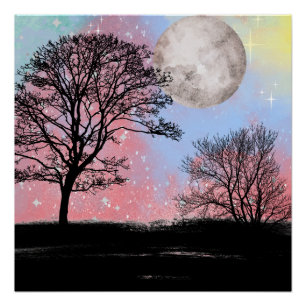 Rosa und blaue Aquarellbäume und Mond Poster