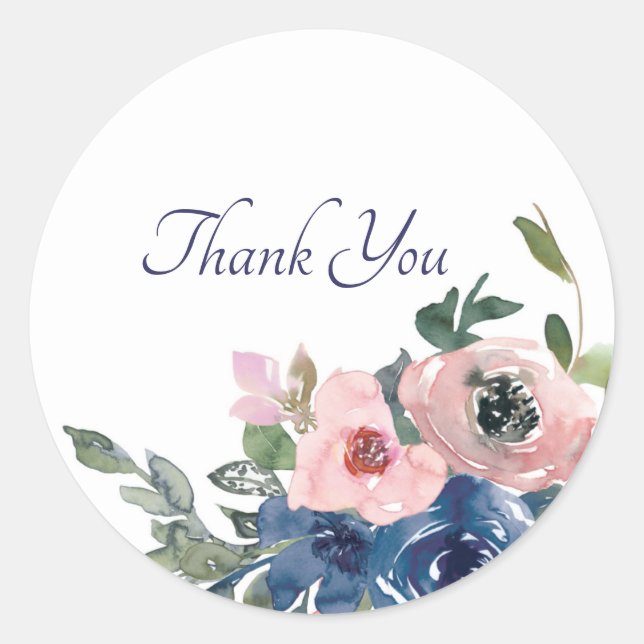 Rosa und blaue Aquarellblume Dank klassischer Dank Runder Aufkleber (Vorderseite)