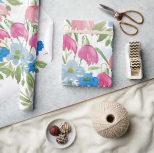 Rosa und blaue Aquarellblumen Geschenkpapier