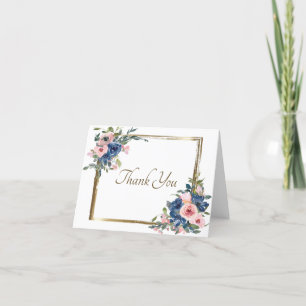 Rosa und blaue Aquarellblumen mit goldenem Rahmen Dankeskarte