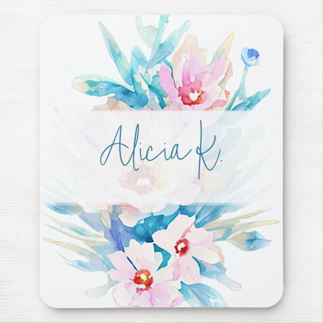 Rosa und blaue Aquarellblumen personalisiert Mousepad (Vorne)