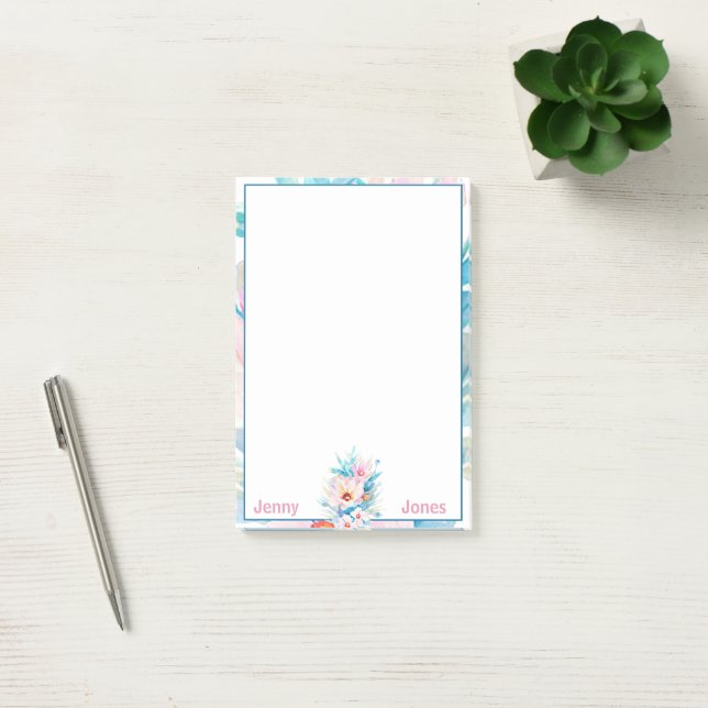 Rosa und blaue Aquarellblumen personalisiert Post-it Klebezettel (Büro)