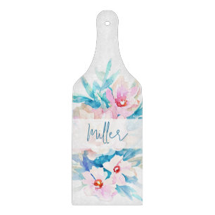 Rosa und blaue Aquarellblumen personalisiert Schneidebrett
