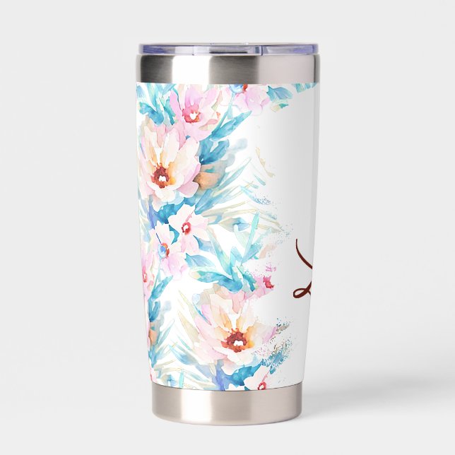 Rosa und blaue Aquarellblumen personalisiert Thermobecher (Vorderseite)