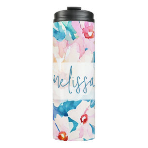 Rosa und blaue Aquarellblumen Thermosbecher