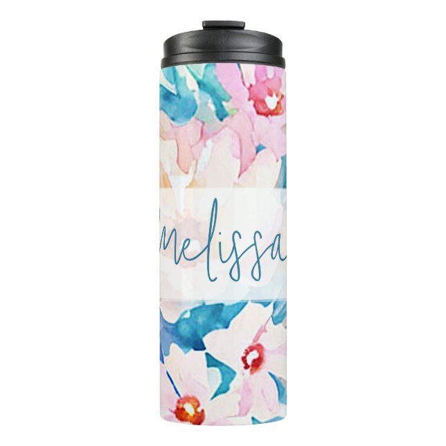 Rosa und blaue Aquarellblumen Thermosbecher (Vorderseite)