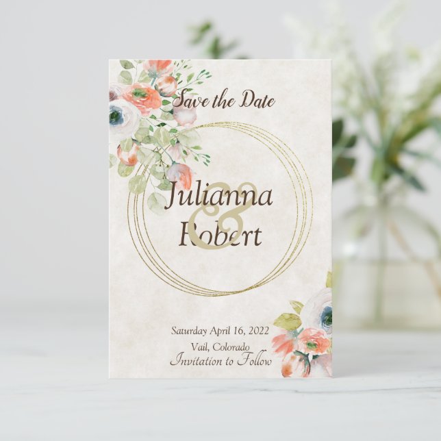 Rosa und blaue Aquarellblütenblüte Save the Date i Einladung (Stehend Vorderseite)