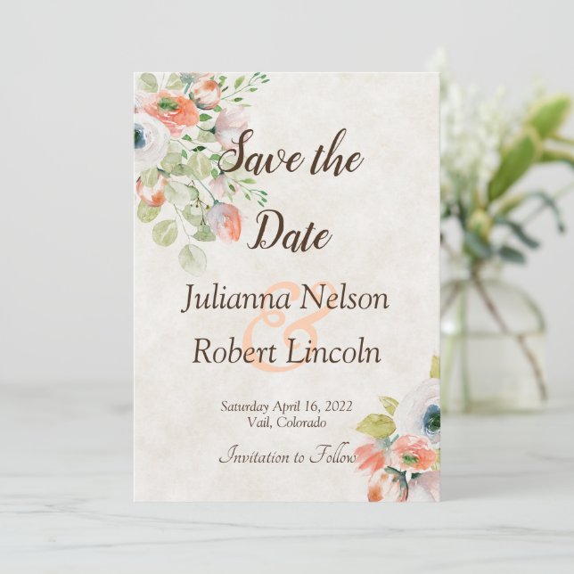 Rosa und blaue Aquarellblütenblüte Save the Date i Einladung (Stehend Vorderseite)