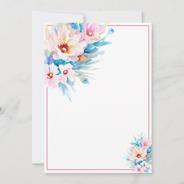 Rosa und blaue Aquarellfarben Blütenblumen Einladung (Vorderseite)