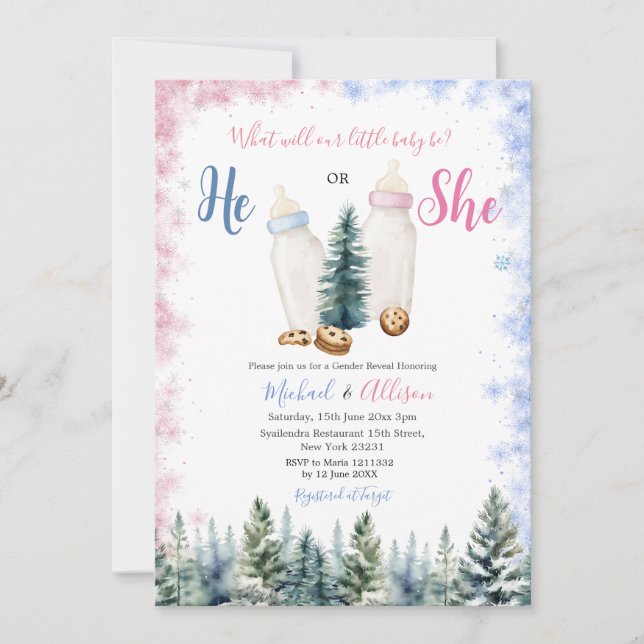 Rosa und blaue Babyflasche, die das Geschlecht zei Einladung (Vorderseite)